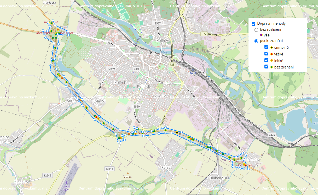 Dopravní nehody ve vybraném úseku  - obchvat města Kolín (online). Dostupné z: https://nehody.cdv.cz/